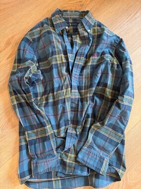 Ralph Lauren Navy Plaid Button-Down Shirt with Yellow & Red Accents